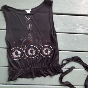 Cacharel silk beaded sleeveless blouse with tie